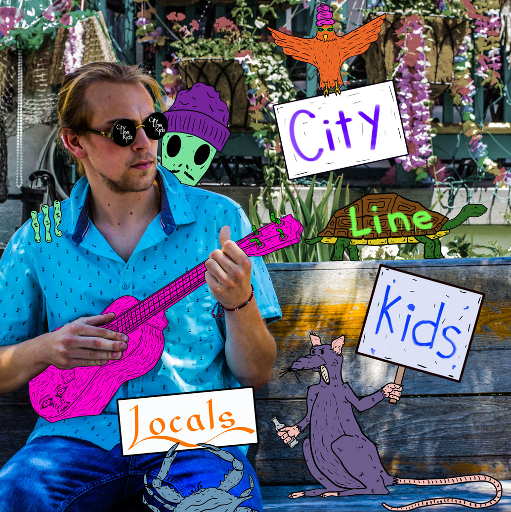 A person playing ukulele on a bench with a drawn alien, rat, turtle, crab, and oriole with a beehive hairdo.