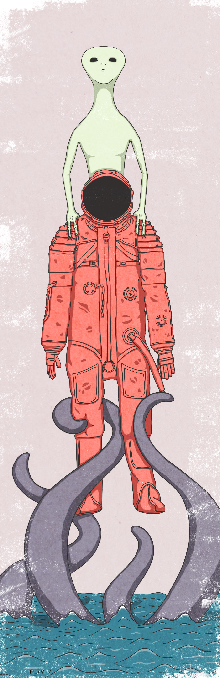 An alien pulling up on a cosmonaut while tentacles pull it down into the ocean.