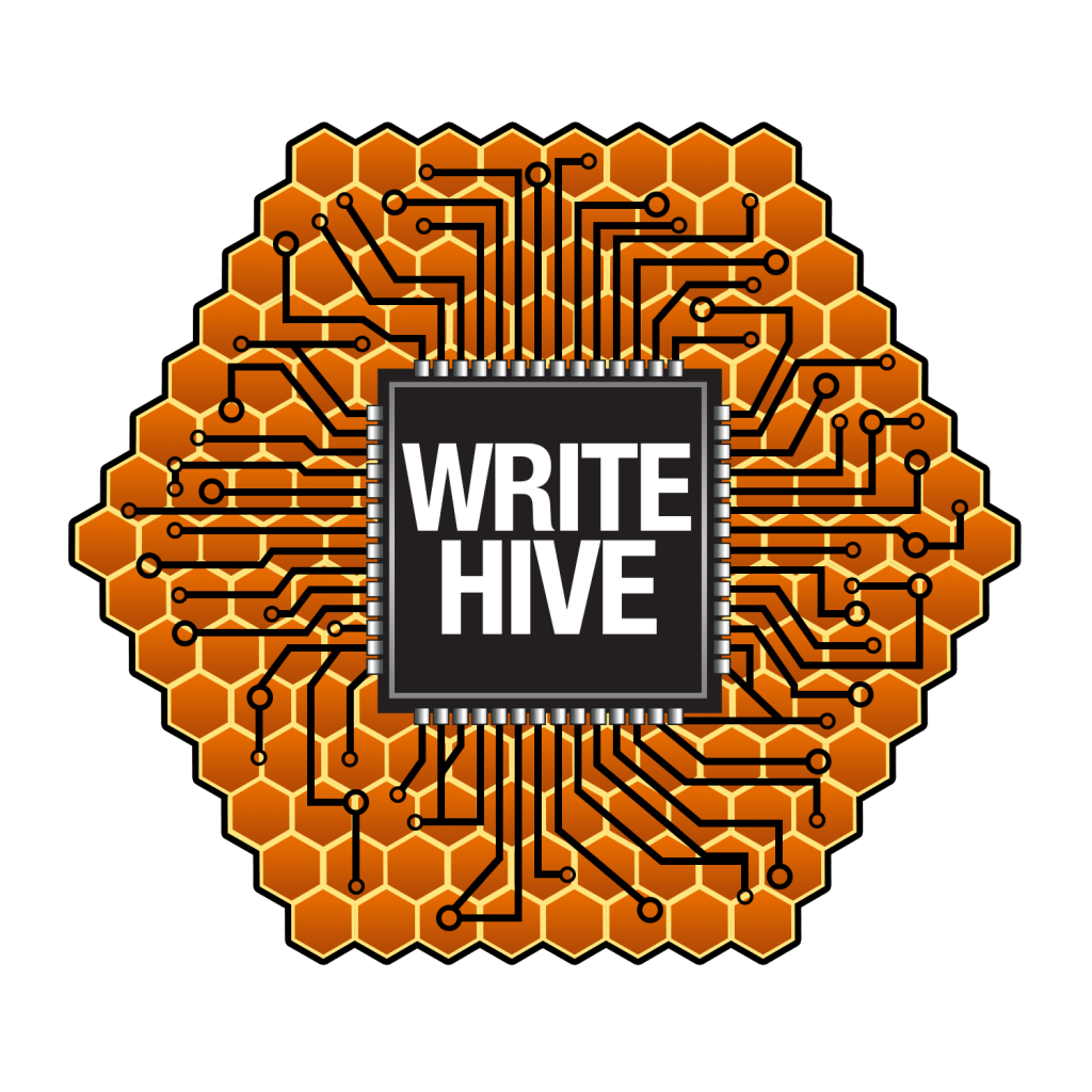 Write Hive logo, which is a honeycomb with circuit wires over it. 