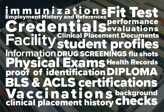 Faded documents in the background with a list of medical documents on top of the image.