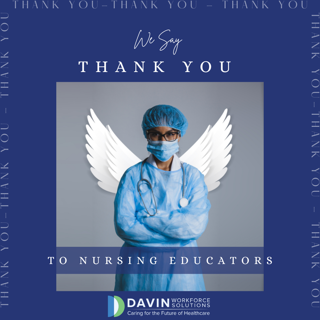 A female nurse in full PPE and with angel wings. The text around her says "We say thank you to nursing educations."