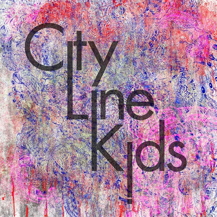 The City line kids logo with abstract pink designs over it.
