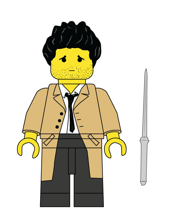 A lego minifig of Castiel from Supernatural. He has the angel blade with him.