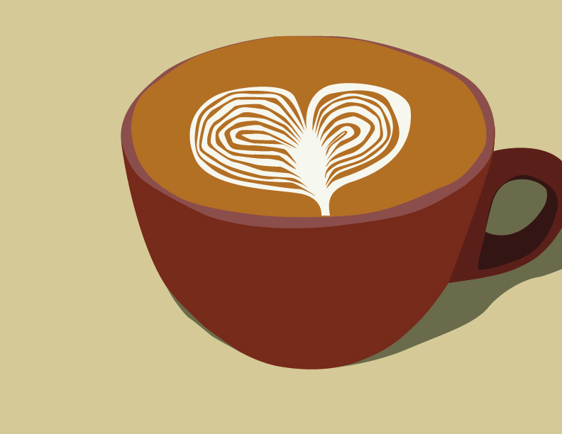 A pop art digital rendition of a cup of coffee with a heart in the foam.