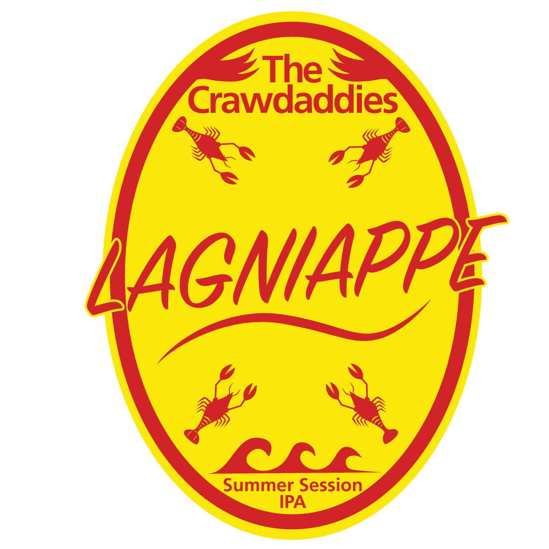 A mock beer label. The colors are yellow and red. There are images of crawdaddies with the text, "the crawdaddies, lagniappe, summer session ipa."
