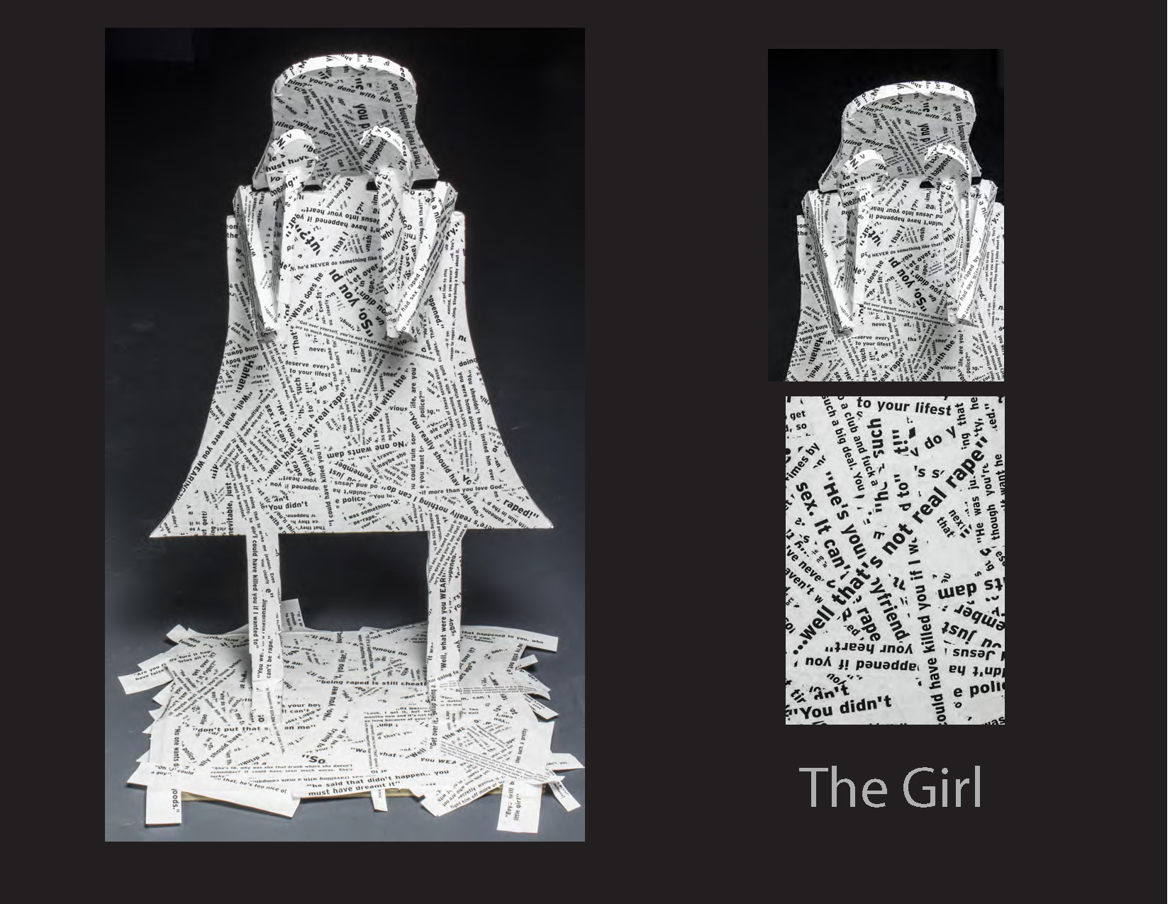 A 2D wooden sculpture of a young girl crying. On her body is text.