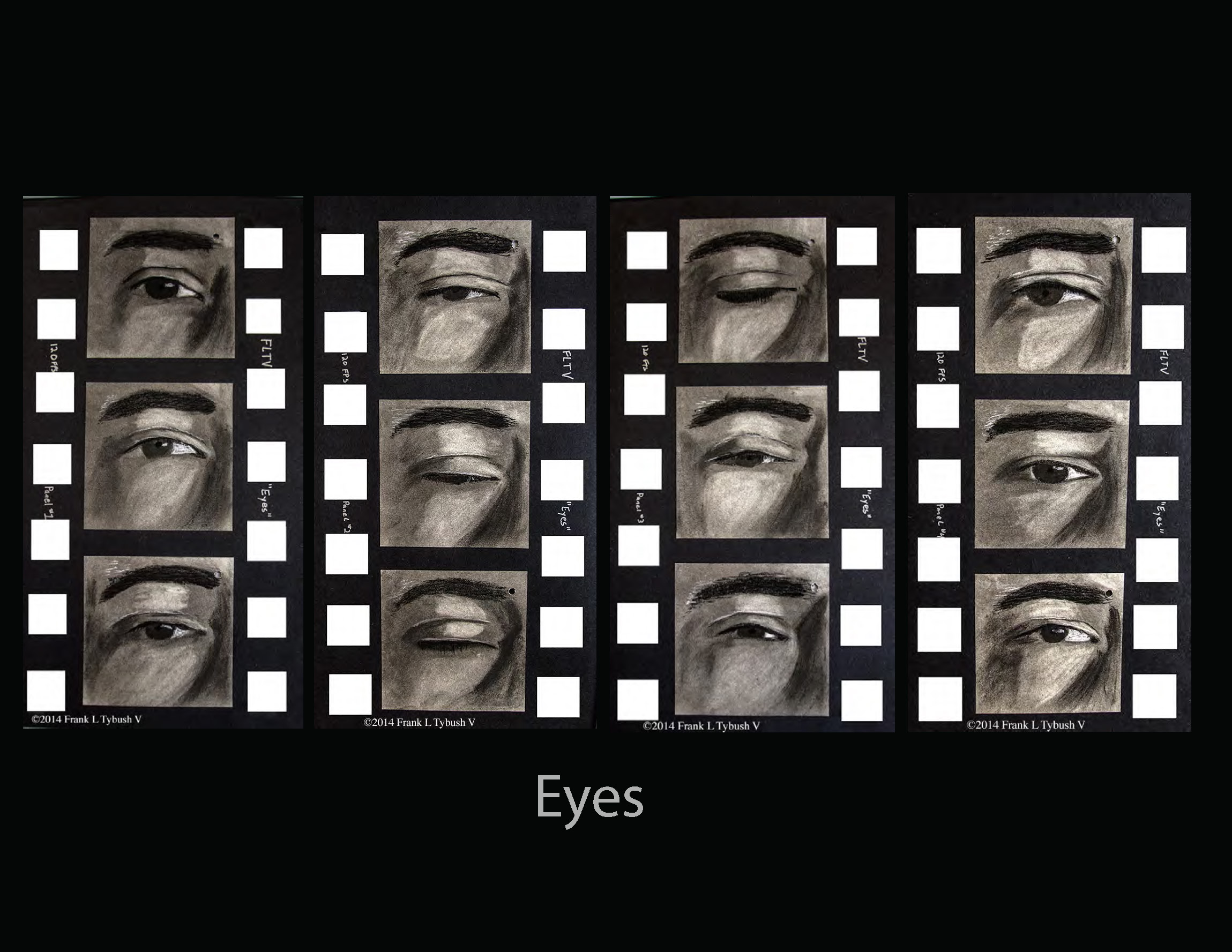 A series of charcoal drawings that show an eye blinking. The images are arranged to look like an old style film strip.