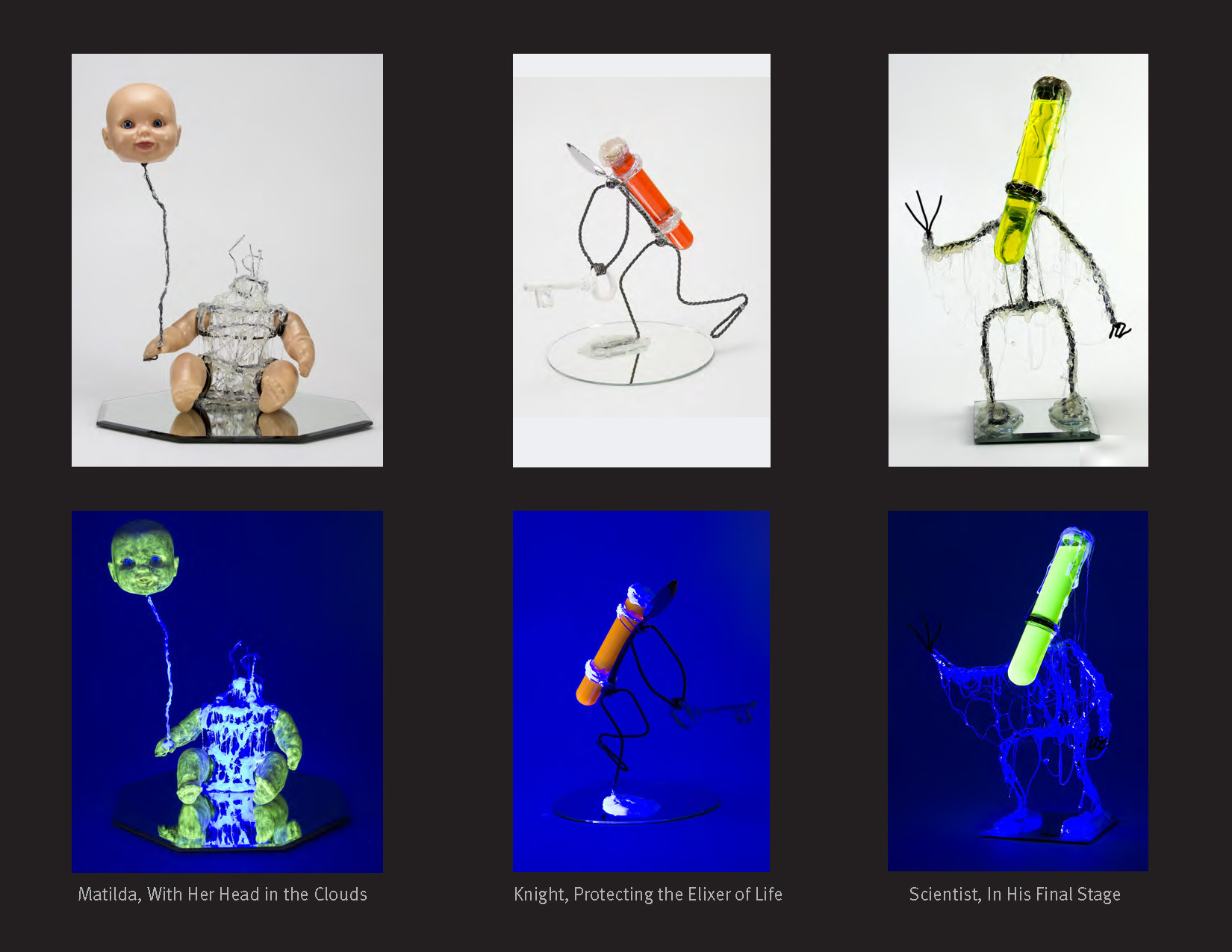 Three wire sculptures in normal light and glowing under a black light.