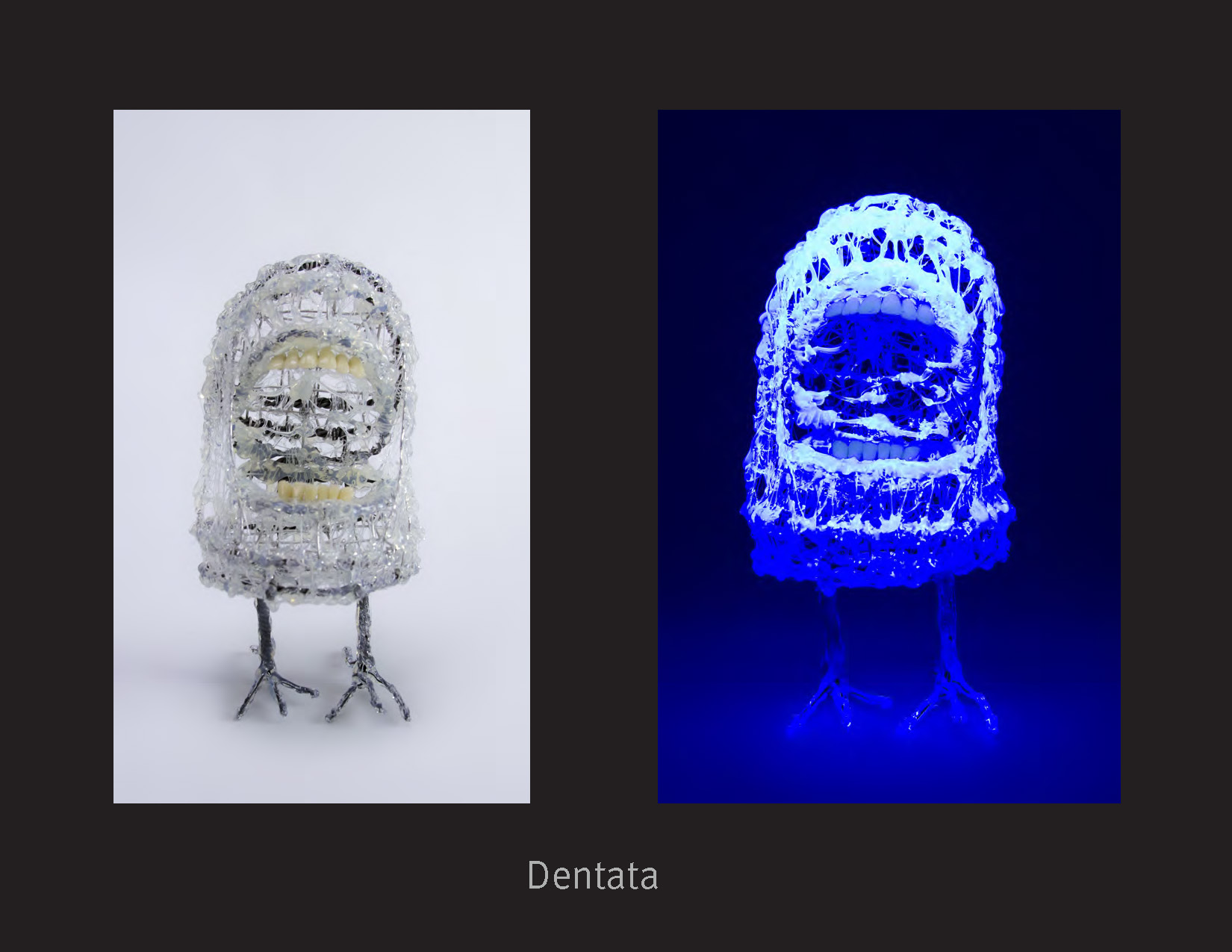 A wire, hot glue, and fake teeth statue. It looks like a mouth opening while standing on chicken feet. Under a black light it gloes.