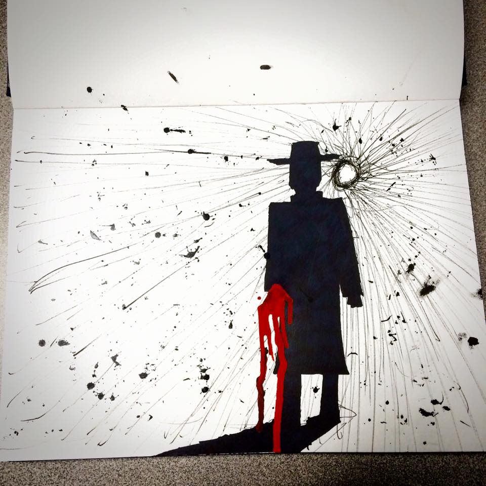 An abstract ink drawing of the silhouette of a man in a fedora and a trench coat. A sun or bullet hole is next to the head with splashes of ink coming out of it. Where the person's hand should be, there's red spilled ink.