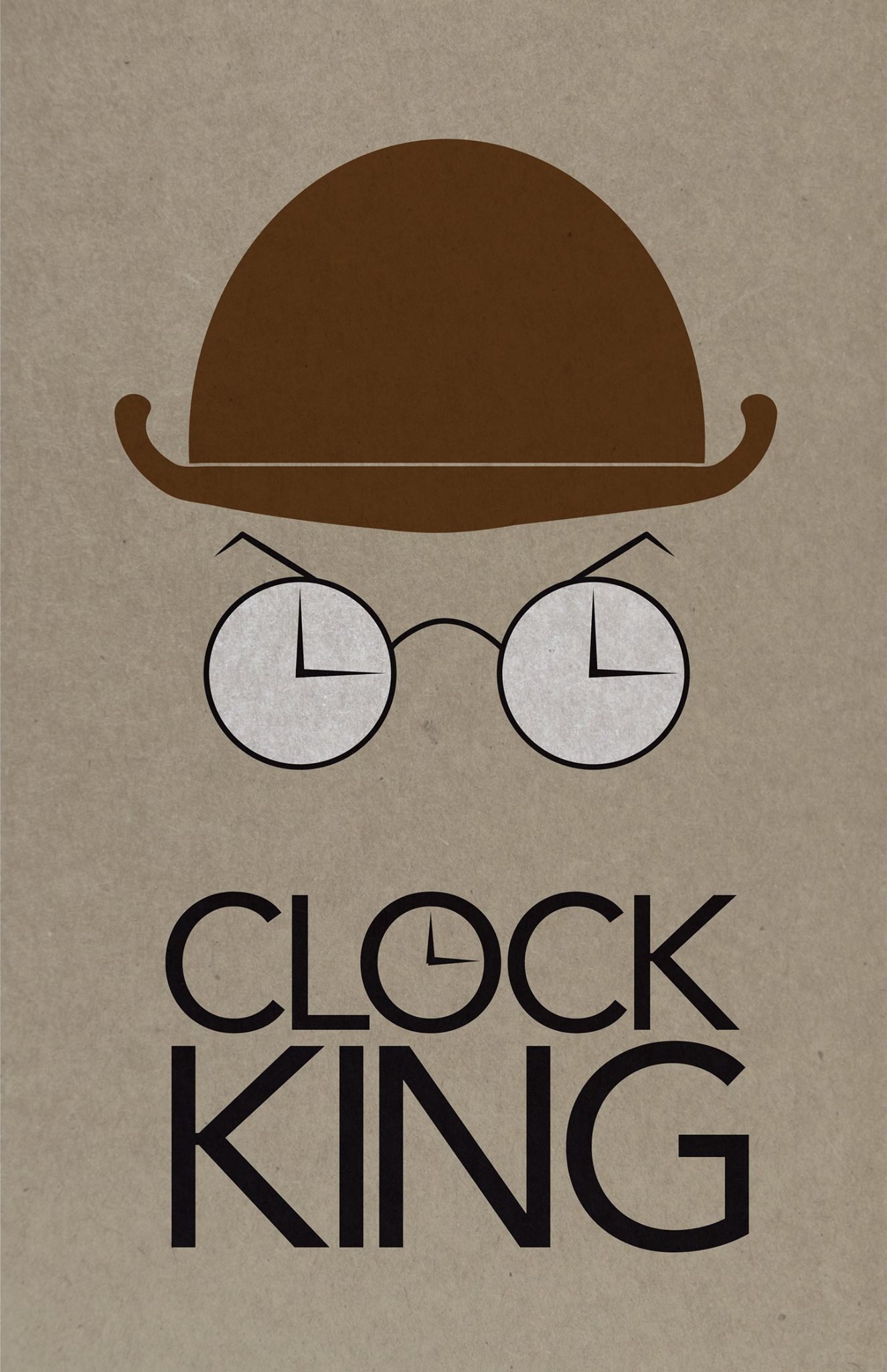 A minimalist representation of the DC Villain Clock King. Above his name is his brown bowler hat and his round glasses. The glasses have a clockface on their lens.