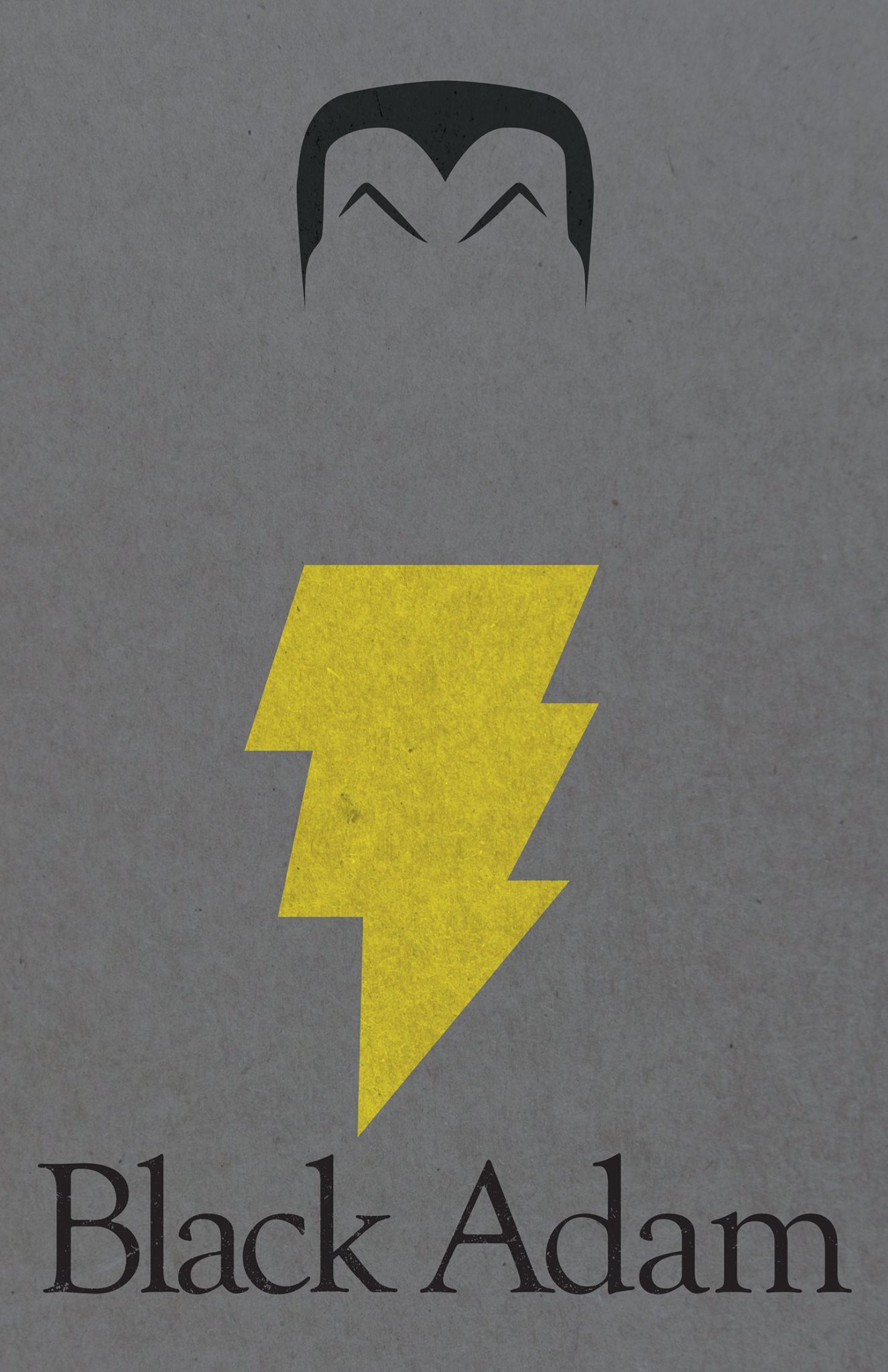 A minimalist representation of the DC Villain Black Adam. Above his name is his famous yellow thunderbolt and his arched eyebrows and widow's peak hairline.