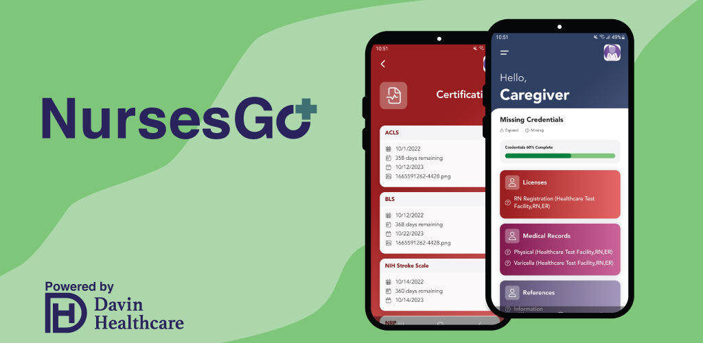 Two cell phones with an app open. The NursesGo logo is present and so is the sentence "Powered By Davin Healthcare"