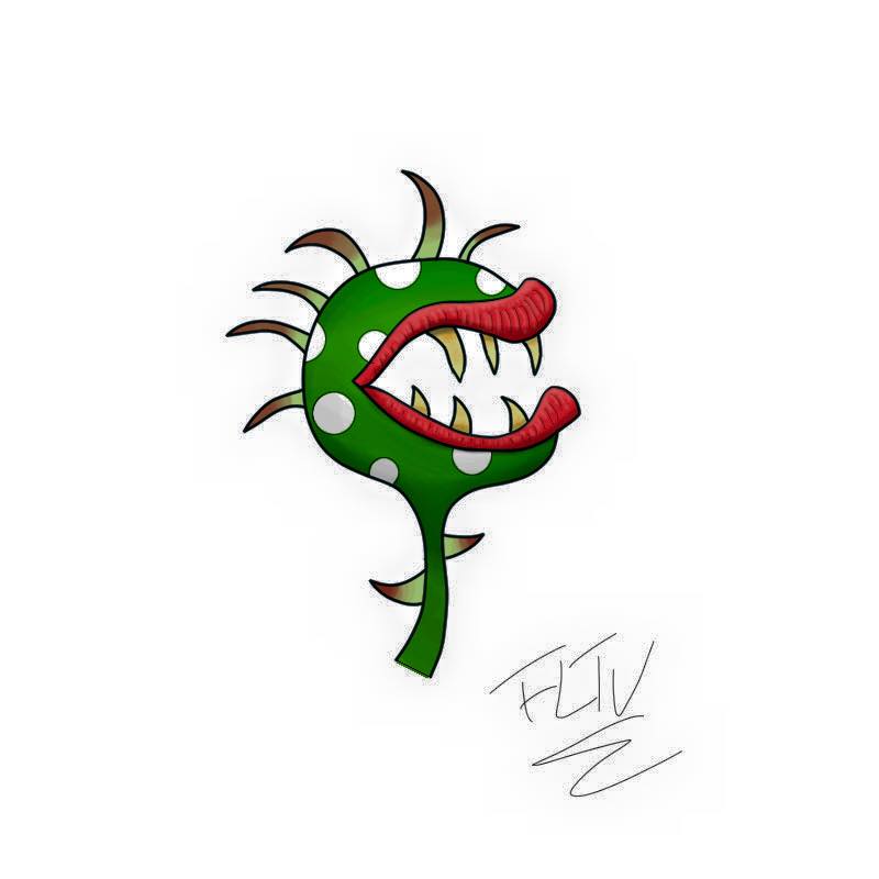 An illustration of a weird, green, venus flytrap type plant.