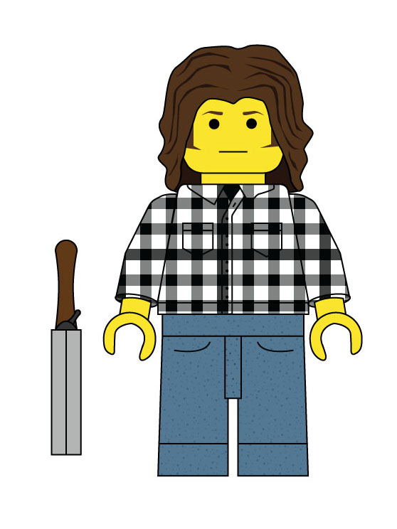 A lego minifig of Sam from Supernatural. He's got a plaid shirt on and has a fake shotgun.
