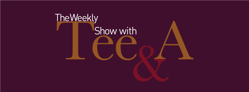 A purple, gold, and red logo for the web series "The weekly show with tee & a."