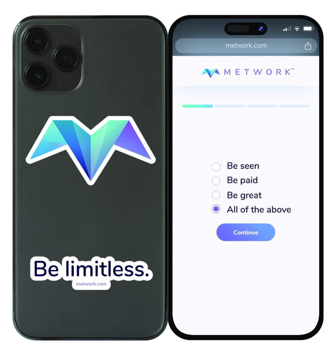 A mockup of a cell phone with a sticker on the back and an ad on the front.