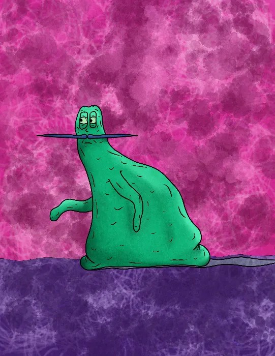 An illustration of a blob-like alien. It has a mustache.