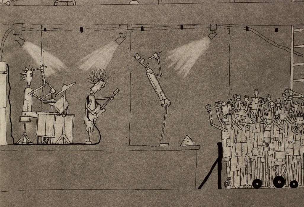 An illustration of a rock concert put on by robots.