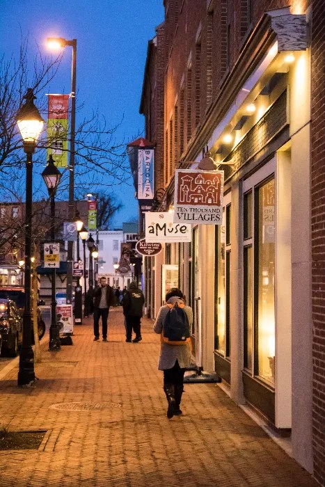 A photo of Thames street in Fells Point at dusk.